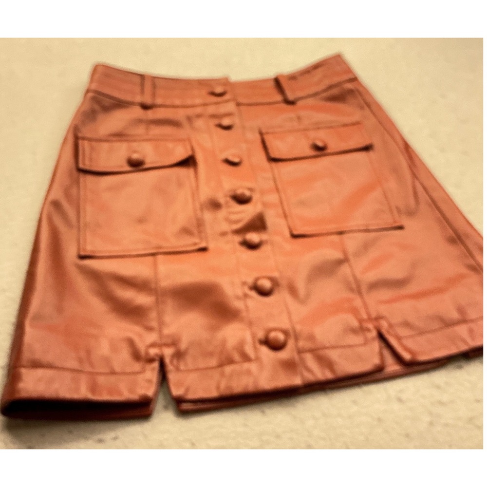 Sam Edelman Faux Leather Mini Skirt Button Front Flap Pockets Cognac Small S